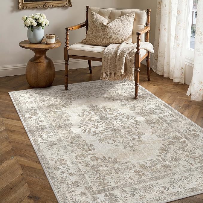 3x4 Washable Area Rug Entryway Cream Beige Vintage Small Doormat | Soft Low Pile, Non Slip, Stain Resistant, Floral Medallion, Neutral Retro Decor for Living Room, Bathroom, Bedroom, Office