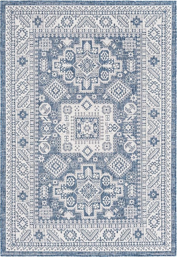 Unique Loom Outdoor Aztec Collection Area Rug - Chalca (6' 1" x 9' Rectangle, Blue/ Ivory)