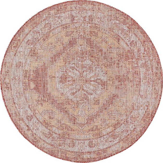 Unique Loom Outdoor Traditional Collection Area Rug - Valeria (5' 3" Round, Rust Red/ Ivory)