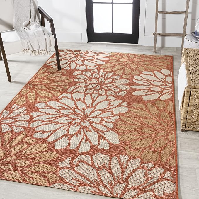 JONATHAN Y Floral Textured Weave Indoor Outdoor Area Rug 4X6 Orange/Cream, Zinnia Modern for Backyard, Patio, Porch, Easy-Cleaning, High Traffic, Pet-Friendly, Non-Shedding (SMB110E-4)