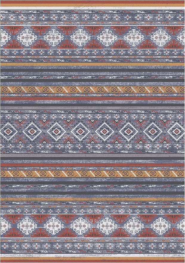 Washable Area Rugs 4' x 6' - 1/6 Thick - Moroccan-Inspired -Stain & Water Resistant Non-Slip - Resistant Rug for Living Room, Bedroom, Nursery, Pet & Child Friendly (Blue and Red)