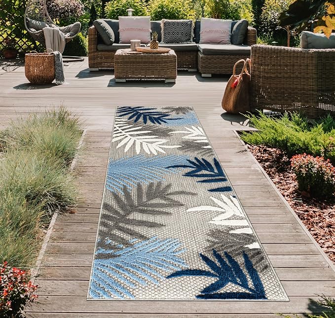 Rugshop Blue Palm Frond Indoor/Outdoor Runner Rug Easy Cleaning for Hallway, Kitchen and Entryway, 2'7" x 12'