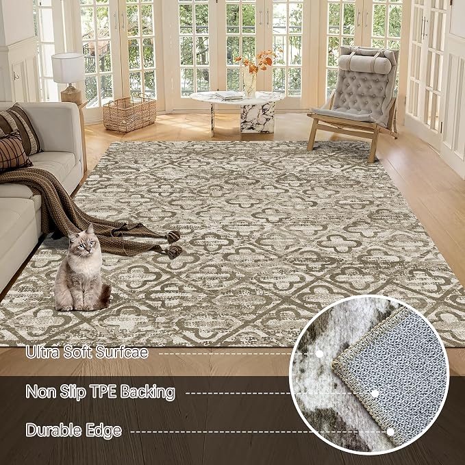 Washable Area Rugs, 9' x 12' - 1/6 Thick - Stain & Water Resistant Non-Slip - Perfect Resistant Rug for Living Room, Bedroom, Nursery, Pet & Child Friendly, Vibrant Colors Rugs, Brown