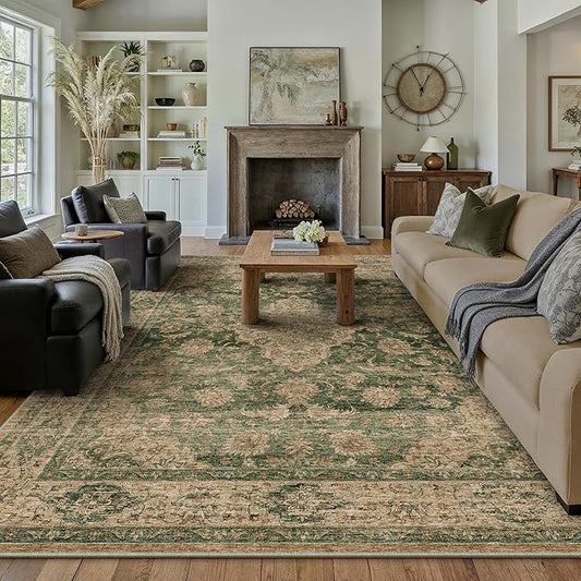 HUGEAR Retro Green Area Rug 10x14 Machine Washable Living Room Rugs Distressed Vintage Floral Low Pile Carpet Bedroom Office Dining Room Laundry Room Non Slip Soft Lightweight