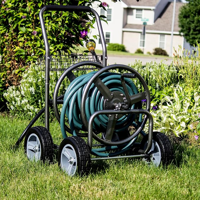 Backyard Expressions Metal Hose Reel Cart with Wheels - Heavy Duty Hose Caddie - 250 Ft Hose Capacity - Hammertone Finish