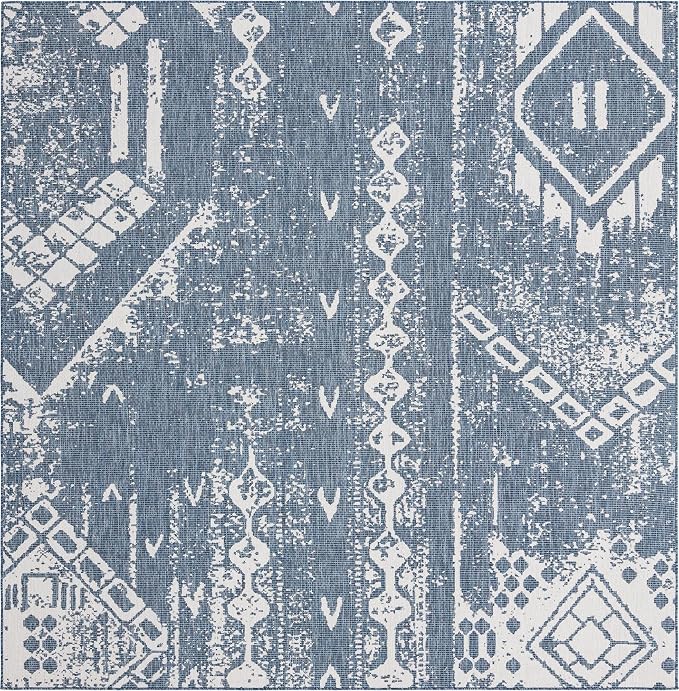 Unique Loom Outdoor Bohemian Collection Area Rug - Anthro (10' 8" Square, Blue/ Ivory)
