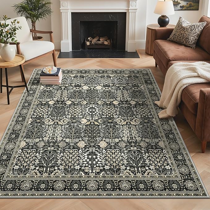 3x5 Area Rug for Living Room, Washable Low Pile, Black | Vintage Distressed Design, Spill Resistant Lightweight Non-Shedding Carpet for Bedroom, Dining Room, Office