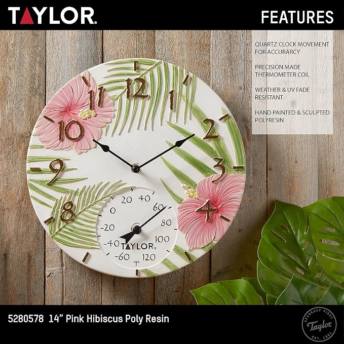 Taylor Pink Hibiscus Poly Resin Indoor and Outdoor Clock and Thermometer, Home Decor for Garden, Patio, Pool, and Indoor Areas, 14-inch, Multi-Color
