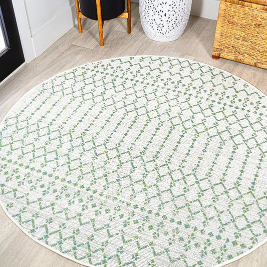 JONATHAN Y Moroccan Geometric Indoor Outdoor Round Area Rug 5 Ft Green/Ivory, Ourika Textured Weave for Backyard, Patio, Porch, Easy-Cleaning, High Traffic, Pet-Friendly, Non-Shedding (SMB108R-5R)