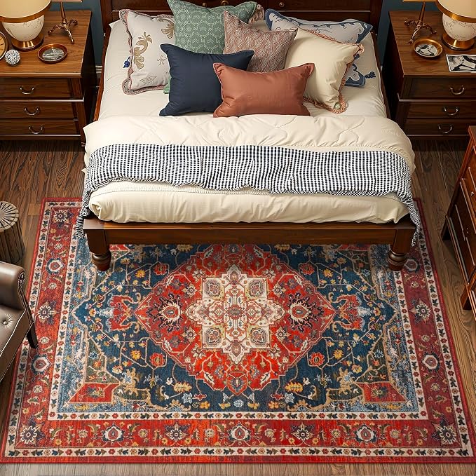 YJ.GWL Area Rugs for Living Room 4x6 Machine Washable Rugs for Bedroom, Non Slip Floral Vintage Rug Indoor Carpet, Stain Resistant Throw Rug for Dining Room Kitchen, Orange-Red