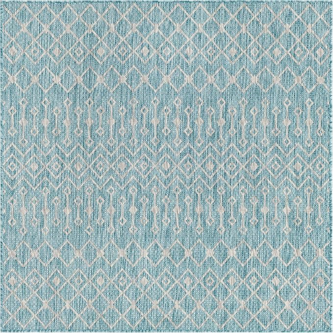 Unique Loom Outdoor Trellis Collection Area Rug - Tribal Trellis (5' 3" Square, Aqua/ Ivory)