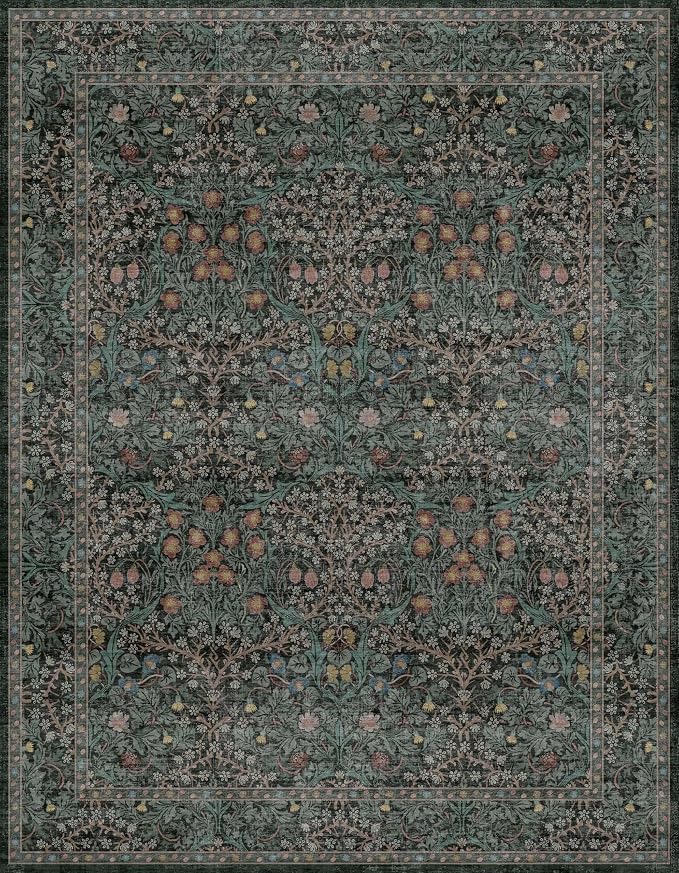 Dining Room Rugs for Under Table - 7x9 Washable Dark Green Oriental Area Rug for Living Room, Non-Slip Floor Carpet for Bedroom Under Bed - Vintage Design & Stain Resistance