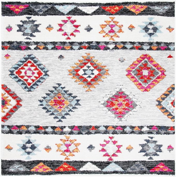 SAFAVIEH Adirondack Collection Area Rug - 6' Square, Grey & Red, Boho Tribal Design, Non-Shedding & Easy Care, Ideal for High Traffic Areas in Living Room, Bedroom (ADR245F)