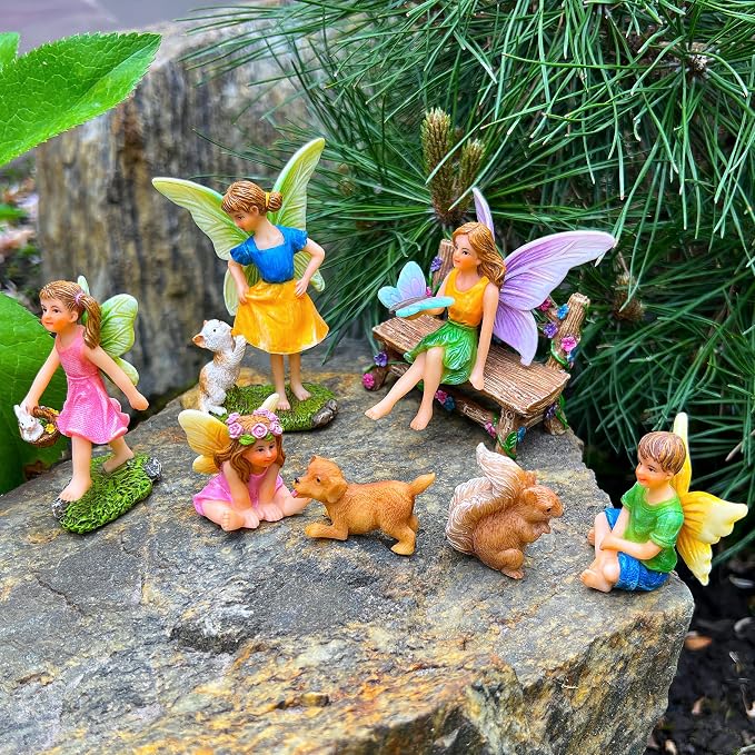 Mood Lab Fairy Garden Figurines with Animals - Miniature Decorative Statues & Accessories Set (8 pcs) - Outdoor & Indoor Garden Decor