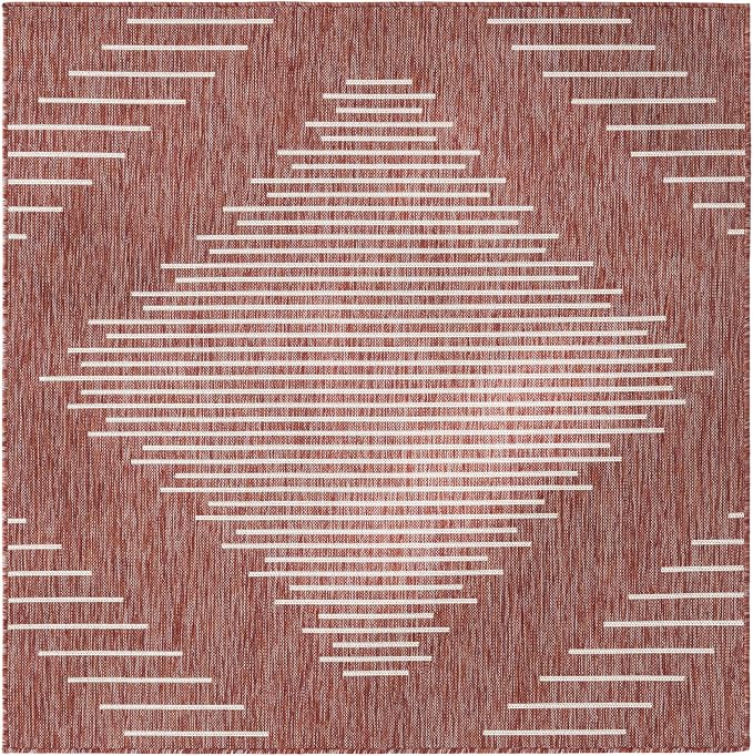 Unique Loom Outdoor Modern Collection Area Rug - Tambor (5' 3" Square, Rust Red/ Ivory)