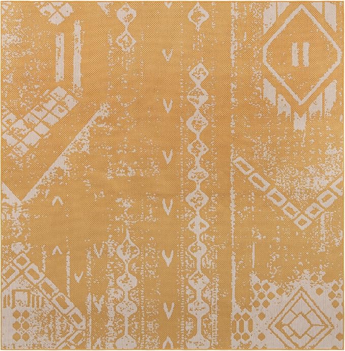 Unique Loom Outdoor Bohemian Collection Area Rug - Anthro (10' 8" Square Yellow/Ivory)