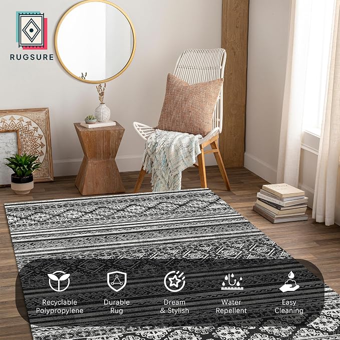 Washable Area Rugs 3' x 5 ' - 1/6 Thick - Moroccan-Inspired -Stain & Water Resistant Non-Slip - Resistant Rug for Living Room, Bedroom, Nursery, Pet & Child Friendly (Black)