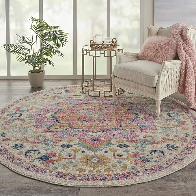 Nourison Home Passion Ivory Pink 8' x Round Area Rug - Easy Clean, Non Shedding, Bed Room, Living Room, Dining Room, Kitchen (8' x Round)