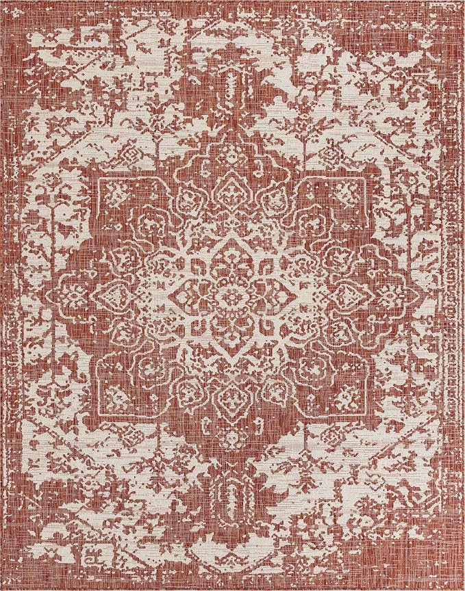 Unique Loom Outdoor Collection Area Rug - Dubai (7' 10" x 10' Rectangle, Rust Red/ Ivory)