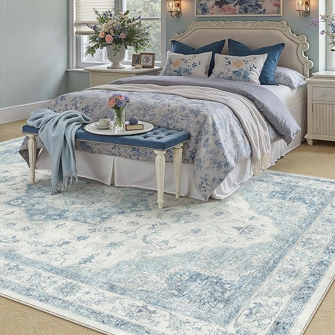 Blue 8x10 Washable Area Rug Living Room Vintage Oriental Carpet | Soft Low Pile, Non Slip, Stain Resistant, Floral Medallion, Neutral Retro Decor for Bedroom, Dining Room, Kids Room, Office