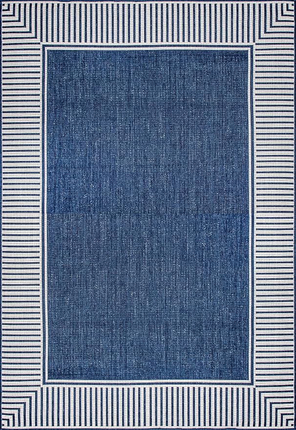Nuloom Asha Navy/Ivory, 8' x 10', Casual, Striped Border, Soft and Cozy, High Traffic, Easy Clean, Durable Area Rug for Indoor/Outdoor Patio, Deck, Porch, Garden, Courtyard