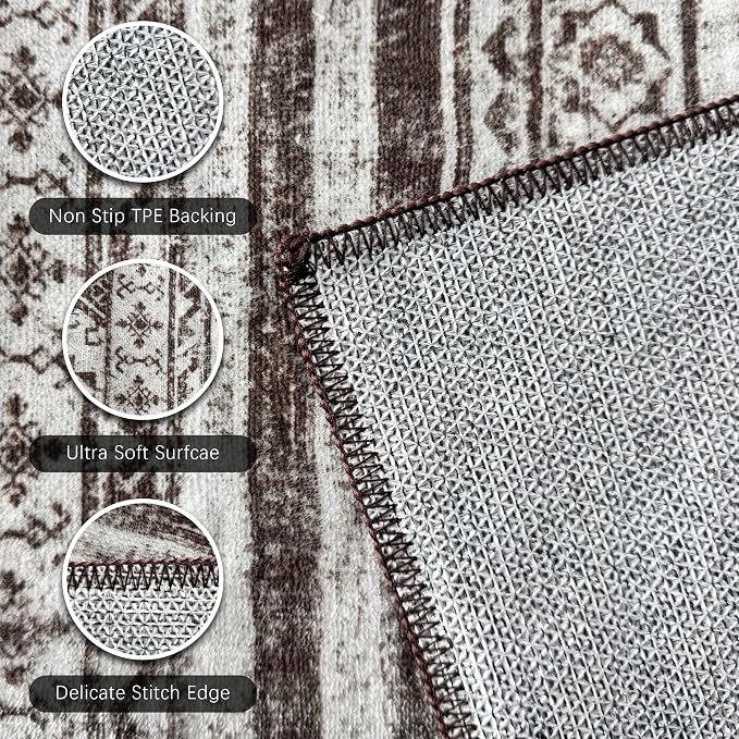 Washable Area Rugs 2'6'' x 8' - 1/6 Thick - Moroccan-Inspired -Stain & Water Resistant Non-Slip - Resistant Rug for Living Room, Bedroom, Nursery, Pet & Child Friendly (Brown)
