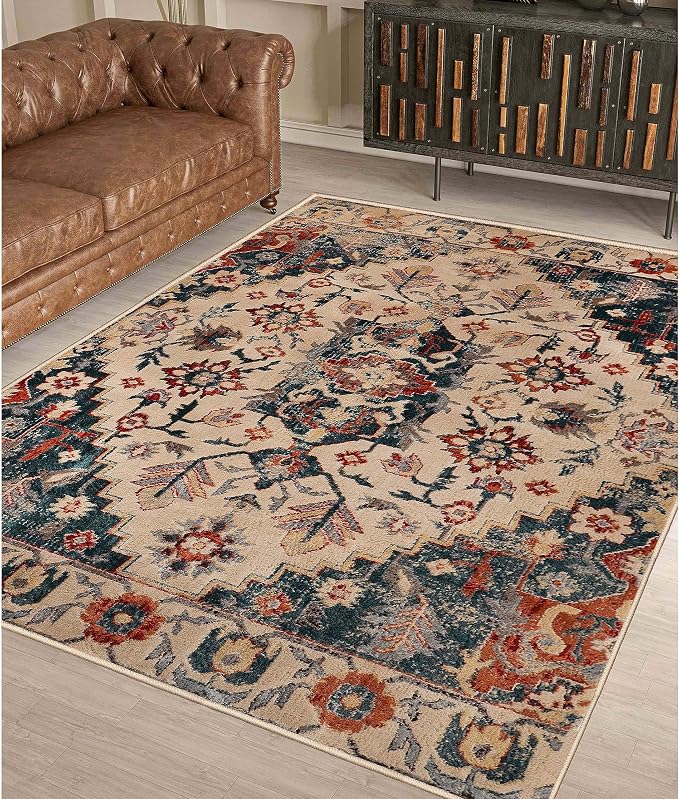 Superior Indoor Area Rug or Runner, Patchwork Rustic Leaves Floor Decor, Soft Plush Rugs for Living Room, Office, Kitchen, Dining, Aesthetic Home Accessories, Zelder Collection 5ft x 8ft - Ivory-Teal