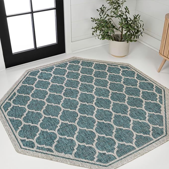 JONATHAN Y Moroccan Trellis Indoor Outdoor Octagon Area Rug 8 Ft Teal/Gray, Trebol Textured Weave for Backyard, Patio, Porch, Easy-Cleaning, High Traffic, Pet-Friendly, Non-Shedding (SMB109E-8TGN)