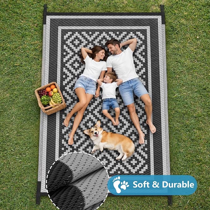 Kohree RV Outdoor Rug 8x10 Reversible, Waterproof Patio Mat with 4 Stakes & UV Fade Resistant, Non-Slip Outdoor Camping Mat for Deck, Picnic, Backyard, Includes Carry Bag (Black & Grey)