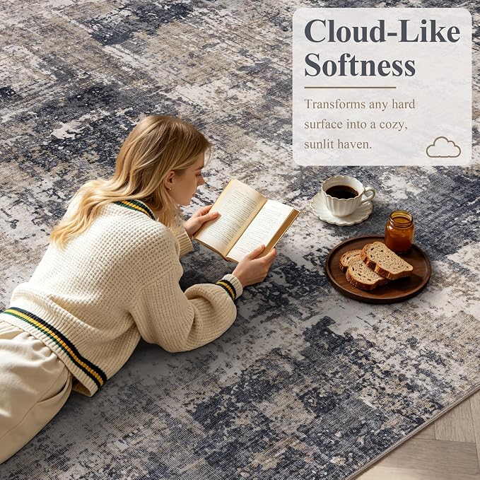Sasttie 6x9 Washable Area Rug, Modern Abstract Carpet, Black & Beige | Ultra-Soft Faux Wool, Low Pile, Non-Slip, Lightweight, Thin, for Living Room, Bedroom, Dinning Room & Dorm
