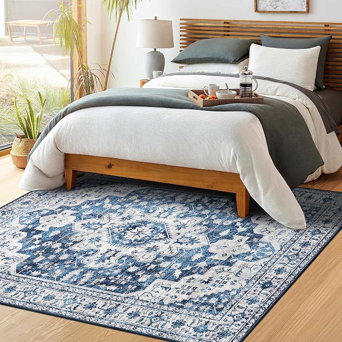 Moynesa Ultra-Thin Washable Area Rug - 5x7 Blue Rugs for Living Room Washable Rugs for Bedroom Soft Dining Room Mat, Vintage Printed Low Pile Indoor Carpet for Office Sunroom Playroom