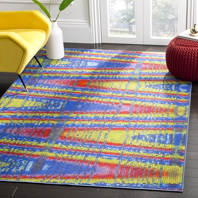SAFAVIEH Aztec Collection Accent Rug - 4' x 6', Blue & Multi, Abstract Design, Non-Shedding & Easy Care, Ideal for High Traffic Areas in Entryway, Living Room, Bedroom (AZT203C)