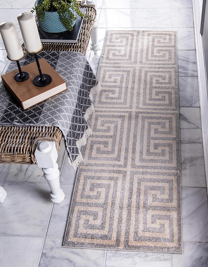 Unique Loom Athens Collection Classic Geometric Modern Border Design Area Rug (2' 0 x 6' 0 Runner, Gray/ Beige)