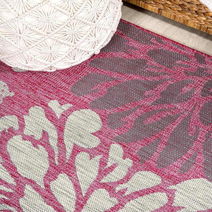 JONATHAN Y Floral Textured Weave Indoor Outdoor Round Area Rug 5 Ft Fuchsia/Light Gray, Zinnia Modern for Backyard, Patio, Porch, Easy-Cleaning, High Traffic, Pet-Friendly, Non-Shedding (SMB110F-5R)