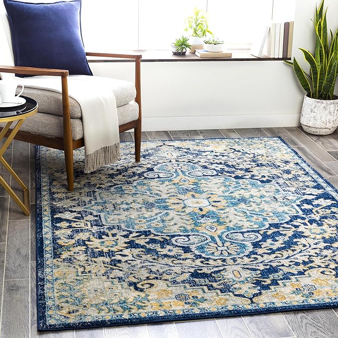 Livabliss Area Rugs - 7x9 Odelia Vintage Boho Blue Aqua Slate Area Rug for Living Room Bedroom - Floral Medallion Stain Resistant Carpet for Kitchen, Nursery, Office (6'7" x 9')