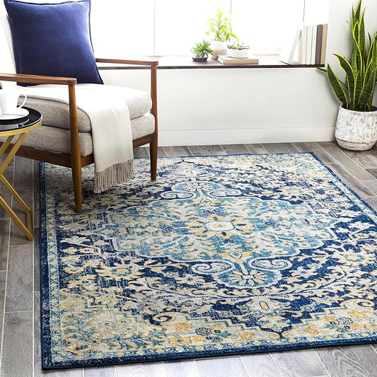 Livabliss Area Rugs - 7x9 Odelia Vintage Boho Blue Aqua Slate Area Rug for Living Room Bedroom - Floral Medallion Stain Resistant Carpet for Kitchen, Nursery, Office (6'7" x 9')