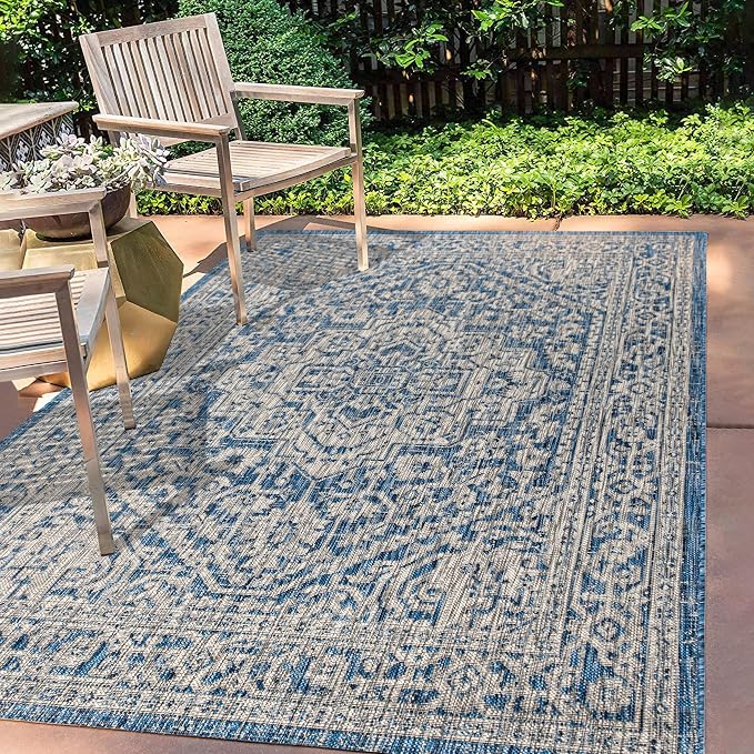JONATHAN Y Medallion Weave Indoor Outdoor Area Rug 9X12 Navy/Gray, Sinjuri Textured for Backyard, Patio, Porch, Easy-Cleaning, High Traffic, Pet-Friendly, Non-Shedding (SMB101B-9)