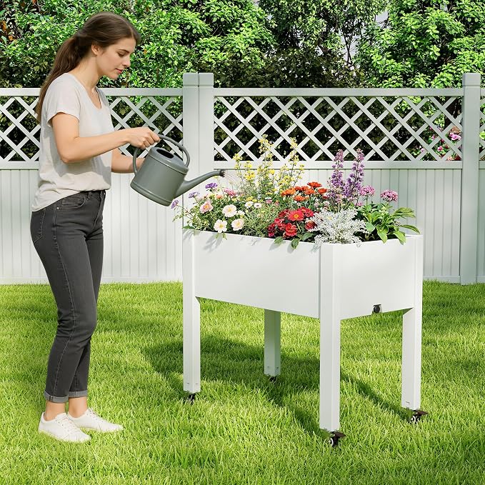Elevated 26.3" Tall Raised Garden Bed with Wheels - Outdoor Mobile Resin Planter Box with Drainage Holes for Vegetables Flower Herbs, Weather Resistant, Medium Ashen (26.3" h)