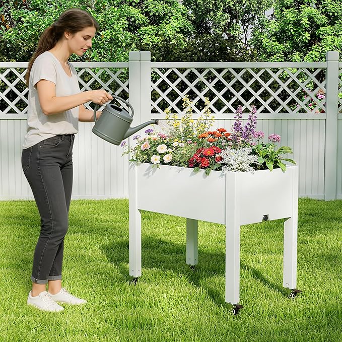 Elevated Raised Garden Bed with Wheels,Planter Box,Ashen-26.3" h | Resin Planter Box with Drainage Holes, Water Monitor, Wheels for Garden Patio Backyard