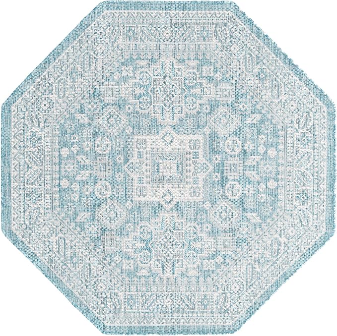 Unique Loom Outdoor Aztec Collection Area Rug - Chalca (5' 3" Octagon, Aqua/ Ivory)