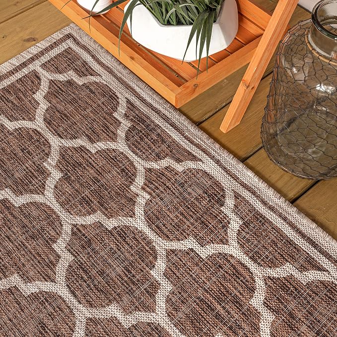 JONATHAN Y Moroccan Trellis Indoor Outdoor Runner Rug 2X14 Espresso/Taupe, Trebol Textured Weave for Backyard, Patio, Porch, Easy-Cleaning, High Traffic, Pet-Friendly, Non-Shedding (SMB109B-214)