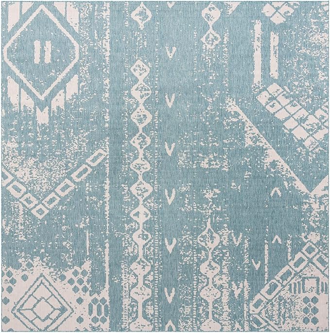 Unique Loom Outdoor Bohemian Collection Area Rug - Anthro (13' Square, Light Aqua/ Ivory)