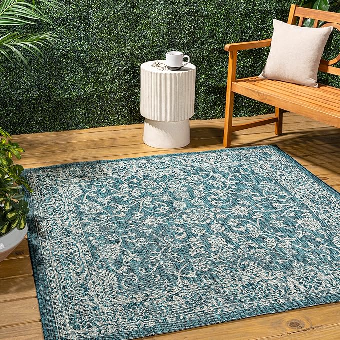 JONATHAN Y Weave Floral Indoor Outdoor Square Area Rug 9X9 Teal/Gray, Tela Bohemian Textured for Backyard, Patio, Porch, Easy-Cleaning, High Traffic, Pet-Friendly, Non-Shedding (SMB100C-9SQ)