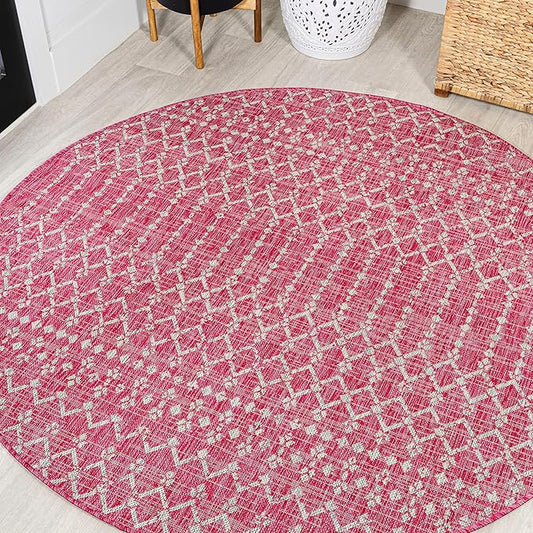 JONATHAN Y Moroccan Geometric Indoor Outdoor Round Area Rug 5 Ft Fuchsia/Light Gray, Ourika Textured Weave for Backyard, Patio, Porch, Easy-Cleaning, Pet-Friendly, Non-Shedding (SMB108Q-5R)
