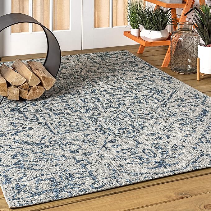JONATHAN Y Boho Medallion Indoor Outdoor Area Rug 3X5 Navy/Gray, Estrella Textured Weave for Backyard, Patio, Porch, Easy-Cleaning, High Traffic, Pet-Friendly, Non-Shedding (SMB105B-3)