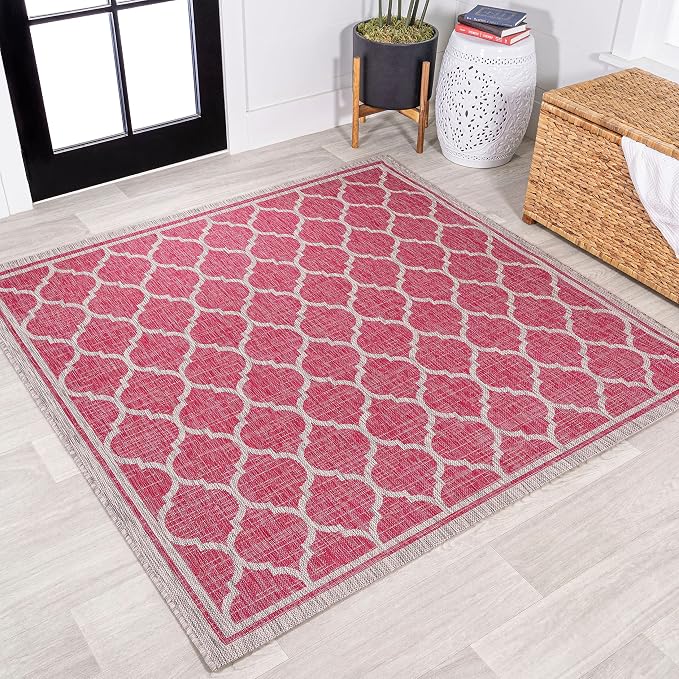 JONATHAN Y Moroccan Trellis Indoor Outdoor Square Area Rug 5X5 Fuchsia/Light Gray, Trebol Textured Weave for Backyard, Patio, Porch, Easy-Cleaning, Pet-Friendly, Non-Shedding (SMB109H-5SQ)