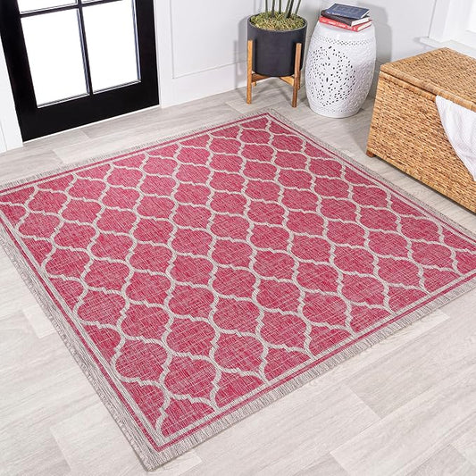 JONATHAN Y Moroccan Trellis Indoor Outdoor Square Area Rug 5X5 Fuchsia/Light Gray, Trebol Textured Weave for Backyard, Patio, Porch, Easy-Cleaning, Pet-Friendly, Non-Shedding (SMB109H-5SQ)