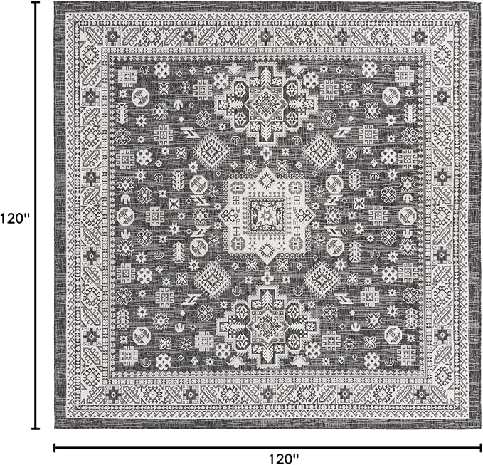 Unique Loom Outdoor Aztec Collection Area Rug - Chalca (10' Square, Charcoal Gray/ Ivory)