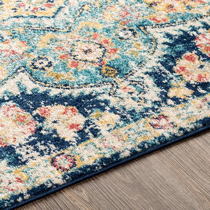 Livabliss Area Rugs - 8x10 Romaine Vintage Boho Navy Sky Blue Rose Area Rug for Living Room Bedroom - Floral Medallion Stain Resistant Carpet for Kitchen, Nursery, Office (7'10" x 10'3")