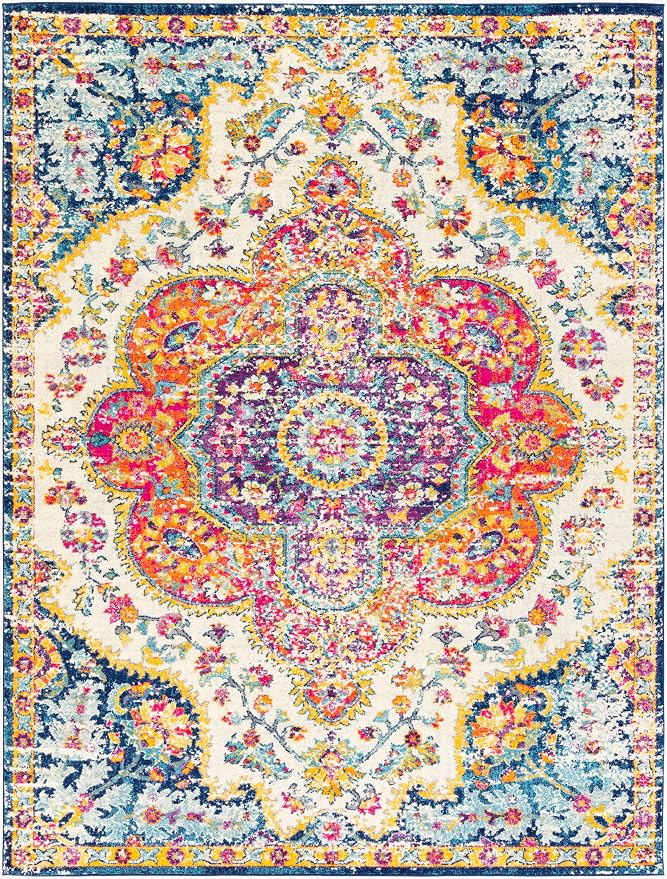 Livabliss Area Rugs - 4x6 Romaine Vintage Boho Fuchsia Mustard Blue Area Rug for Living Room Bedroom - Floral Medallion Stain Resistant Carpet for Kitchen, Nursery, Office (3'11" x 5'7")